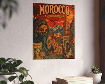 Morocco vintage travel poster Poster | Moroccan landscape, Berber woman, retro wall art