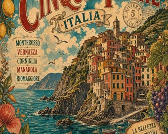 Digital Print | Cinque Terre Italia Vintage Travel Poster | Italian coast art, coastal village print