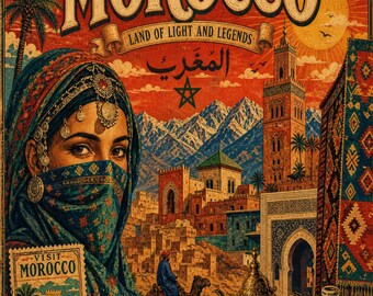 Digital Print | Morocco vintage travel poster Poster | Moroccan landscape, Berber woman, retro wall art