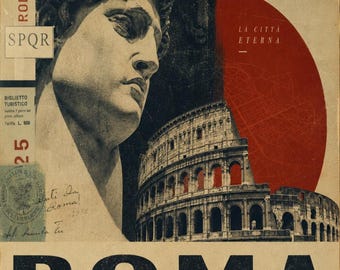 Digital Print | Roma Vintage Collage Matte Poster | Colosseum Statue Travel Wall Art