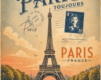 Digital Print | Paris Eiffel Tower Vintage Travel Poster Matte Vertical Poster