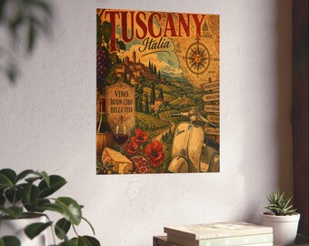 Tuscany Italy Vintage Travel Poster Matte Vertical Poster | Italian Wine Vespa Landscape