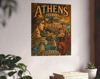 Athens Greece Vintage Travel Poster Matte Vertical Poster | Hellas Acropolis Illustration