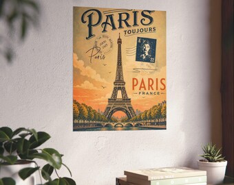 Paris Eiffel Tower Vintage Travel Poster Matte Vertical Poster | La Ville de l'Amour