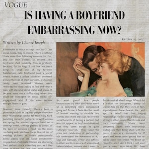 Puede incluir: Una página de revista de estilo vintage con el logo de Vogue y el titular "IS HAVING A BOYFRIEND EMBARRASSING NOW?". El artículo incluye texto y una ilustración en tonos sepia de una pareja.