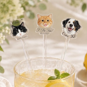 May include: Three clear acrylic drink stirrers featuring custom pet portraits. The left stirrer shows a black and white cat with the text Cheers! LOVE. CLEO. The center shows an orange cat with I Do Too! 09.13.2027. The right shows a dog with Ciao 30!.