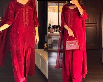 Beautiful Farsi Pakistani Red Salwar Kameez Heavy Silk Kurta pent Dupatta Suit Panjabi Designer Indian Ethnic Dresses Eid Trending Outfit