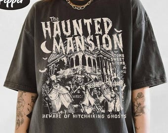 Camiseta retro de La Mansión Embrujada, Camiseta de la temporada de Halloween, Fantasmas autoestopistas de Madam Leota, Camiseta gótica familiar de Halloween Comfort Colors