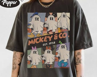 Camiseta retro de Mickey & CO Est. 1928 para Halloween, camiseta de Halloween de Disney, camiseta de Mickey fantasma, camiseta de la fiesta de Halloween de Mickey (no tan aterradora)
