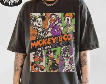 Camiseta de Halloween de Mickey y compañía con colores retro cómodos, camiseta de Mickey y sus amigos, camiseta de fiesta de Halloween de Mickey no tan aterrador, camiseta de viaje familiar de Disney