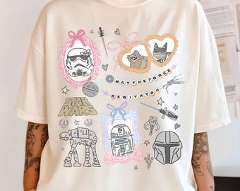 Camiseta retro de Disney Star Wars con lazo, estética R2D2, ATAT, Ewok, viaje a Disney, Disneyworld, Star Wars, kawaii, galaxia, regalo