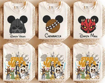 Camiseta personalizada Retro Comfort Colors Mickey e Minnie Star Wars, camiseta infantil fofa da Disney, camiseta para grupo de fãs de Star Wars, roupa para viagem em família à Disney