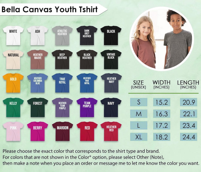 May include: A product image showcasing a variety of Bella Canvas Youth T-shirts in various colors, including white, black, and heather grey. The image also includes a size chart with measurements in inches, and two children modeling the shirts.