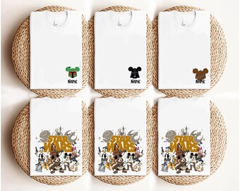 Camiseta personalizada do Mickey e da Minnie de Star Wars, camiseta infantil fofa e retrô da Disney em cores confortáveis, camiseta para grupo de fãs de Star Wars, roupa para viagem em família à Disney
