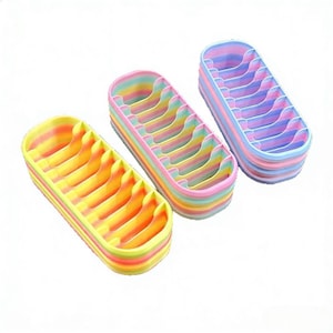 May include: Three colorful plastic organizers in yellow, pink, and blue. Each organizer has multiple vertical slots and a rectangular shape. The organizers are stacked, showing a rainbow of colors on the sides.