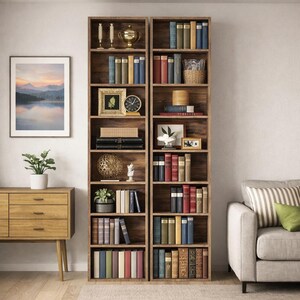 May include: Two tall, wooden bookshelves filled with books of various colors and sizes. Decorative items like a trophy, clock, and framed art are displayed on the shelves. A painting and a wooden cabinet are visible on the left.