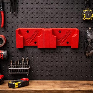 Peut inclure: Divers outils, dont des pinces, une perceuse et un mètre ruban, sont présentés sur un panneau perforé noir. Un support d'outils rouge Milwaukee est monté sur le panneau. Les outils sont disposés sur une étagère en bois.