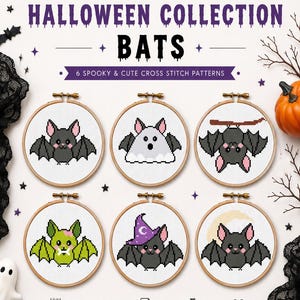 May include: A collection of six cross stitch patterns featuring bat designs in wooden embroidery hoops. The text reads Stitchy Peggy Halloween Collection Bats 6 Spooky & Cute Cross Stitch Patterns. The designs include various bat illustrations.