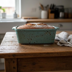 Puede incluir: Un bizcocho recién horneado, espolvoreado con azúcar glas, se encuentra en una fuente de cerámica moteada de color verde azulado. La fuente rectangular con asas descansa sobre una mesa de madera rústica. Un paño de lino y un cuchillo están cerca.