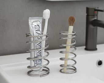 Stainless Steel Toothbrush Holder, Minimalist Makeup Brush Stand & Industrial Spring Pen Pot, Unique Bathroom Desk Organizer Gift