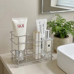 May include: A chrome wire organizer holding skincare products, including a large white tube of SK-II facial treatment, lipstick, toothpaste, and a perfume bottle. A small potted plant is in the background.