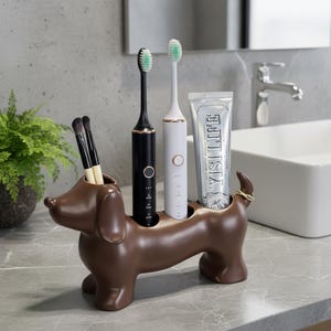 Dackel Zahnbürstenhalter, Keramik Wurst Dekor für Badezimmer & Make-up Pinsel Halter, Einzigartiges Geschenk für Hundeliebhaber