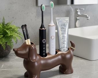 Teckel tandenborstelhouder, keramische worst hondendecor voor badkamer en make-up borstelhouder, uniek cadeau voor hondenliefhebber
