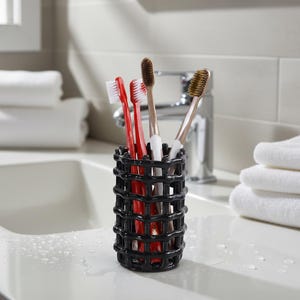 Geweven keramische pennenhouder, moderne tandenborstelhouder met roosterontwerp, sculpturale bureau- en badkameropberger, uniek housewarmingcadeau