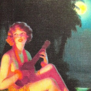 May include: A woman in a red and orange dress plays a ukulele under a bright moon. The woman is sitting on a grassy surface.