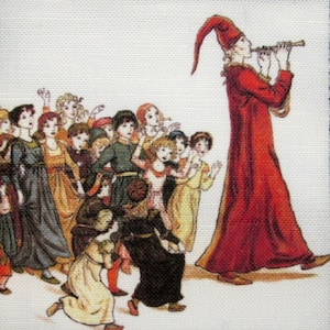 May include: A group of children in various colorful clothing listen intently as a man in a red robe and tall hat plays a flute. The man is standing to the right of the children, and the children are all looking at him.