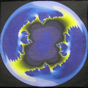 May include: A blue and yellow abstract design with a circular shape. The design has a textured look and appears to be a fractal pattern.