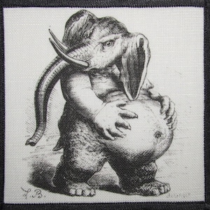 May include: A black and white illustration of a grotesque creature with an elephant trunk and a large belly. The creature is depicted in a standing position with its hands clasped around its belly.