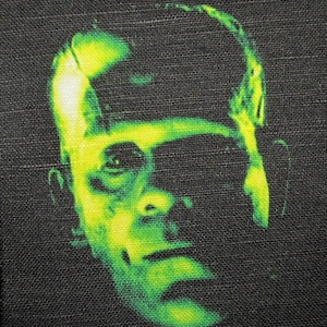 May include: A close-up of a green and black image of Frankenstein's monster. The monster's face is illuminated with a bright green glow, contrasting against the dark background. The image is a stylized representation of the classic horror character.