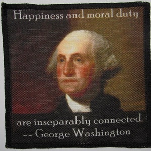 Op de afbeelding: Een zwart-wit afbeelding van George Washington met de quote "Geluk en morele plicht zijn onlosmakelijk met elkaar verbonden. -- George Washington" gedrukt op een zwarte achtergrond.