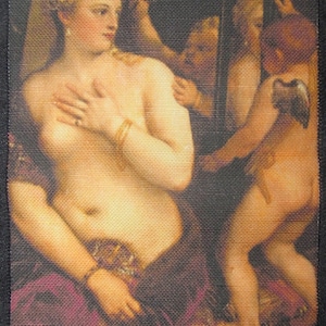 May include: A painting of a nude woman with a golden necklace and bracelets, holding a drapery in her hand. A cherub with wings is standing behind her, holding a mirror. The background is dark and the painting is in a vintage style.
