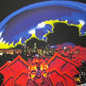 May include: A red and orange demon with wings, set against a backdrop of a city skyline and a blue and yellow swirling dome.