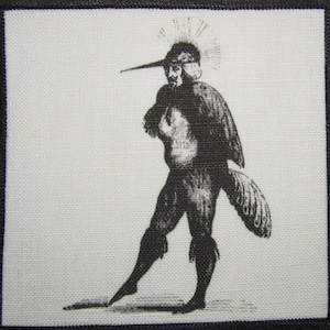 May include: Black and white illustration of a figure in a bird-like costume, featuring a long beak and feathered tail. The image is set against a white background with a black border, creating a vintage aesthetic. The figure is in a dynamic pose.