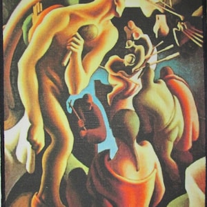 May include: A vintage-style patch featuring a colorful, abstract painting of four figures. The figures are depicted in a dynamic pose, with one figure holding a tool or weapon. The patch is made of a textured fabric and has a black border.