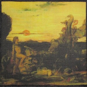 May include: A vintage-style embroidered patch featuring a sunset scene with a large, orange sun in the sky. The patch has a dark brown background with a light brown, textured fabric. The scene includes a figure in the foreground and a large, dark structure in the background.