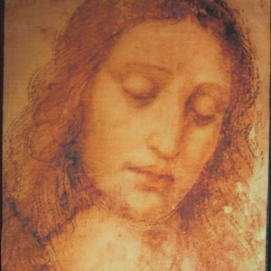 May include: A close-up of a sepia-toned drawing of a person's face. The person has their eyes closed and their head is tilted down. The drawing is on a textured canvas.