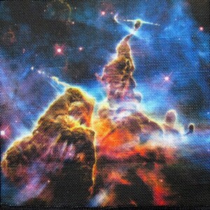 Puede incluir: Una imagen vibrante y colorida de los Pilares de la Creación, una nebulosa celestial en la Nebulosa del Águila. La imagen presenta pilares imponentes de gas y polvo, iluminados por la luz de las estrellas cercanas. Los colores son una mezcla de rojo, naranja, amarillo, azul y morado, creando una impresionante exhibición visual.