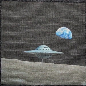 May include: A blue and white UFO is landing on the moon with the Earth visible in the background.