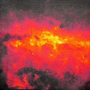 Puede incluir: Un primer plano de una pintura abstracta roja y naranja con un lienzo texturizado. La pintura presenta un patrón de remolino, similar a una nebulosa, con toques de amarillo y negro.