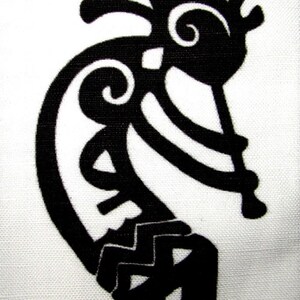 May include: Black and white stylized illustration of a Native American Kokopelli figure playing a flute. The figure is depicted in a traditional style with a distinctive headdress and a curved body.