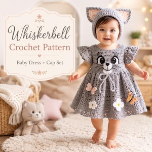 Baby Kitty Dress & Ear Cap Crochet Pattern PDF, Baby Dress Crochet Tutorial, Cat Ear Hat Pattern, Cute Baby Outfit Pattern, Instant Download