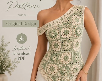 Asymmetric Crochet Top Pattern PDF, Sage Floral Granny Square Top, One Shoulder Crochet Blouse, Pointed Hem, Instant Download