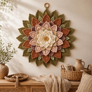 Schema PDF per decorazione murale a forma di fiore all'uncinetto, mandala botanico 3D, arredamento boho, decorazione murale a petali sovrapposti, download digitale.