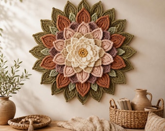May include: A circular crochet wall hanging featuring a layered floral design with a central yellow core surrounded by petals in shades of cream, soft pink, mauve, terracotta, and olive green, finished with a small wooden ring at the top for hanging.