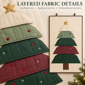 May include: A wall hanging featuring a quilted Christmas tree design with layered fabric tiers in cream, sage, forest green, and burgundy. The tree includes gold star appliqué, red circular berries, and embroidered cross accents. Text reads: LAYERED FABRIC DETAILS.