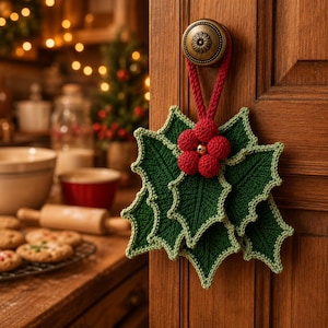 Crochet Holly Door Charm Pattern PDF, Christmas Berry Ornament, Jingle Bell Door Knob Decor, Holiday Crochet Pattern